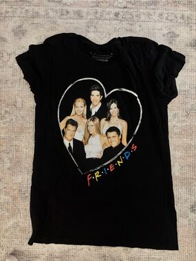 FRIENDS Black Tee with Cast Heart Portrait and Colorful Logo
